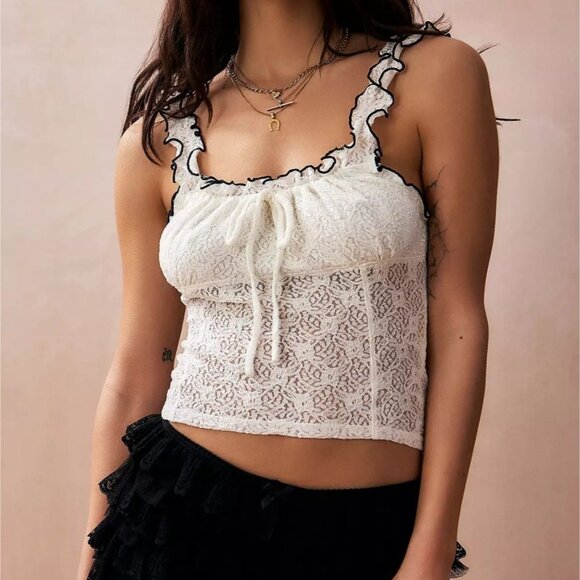 Urban Outfitters Tops - Urban Outfitters Small Elasa White Lace Ruffle Camisole Bustier Top Black Trim